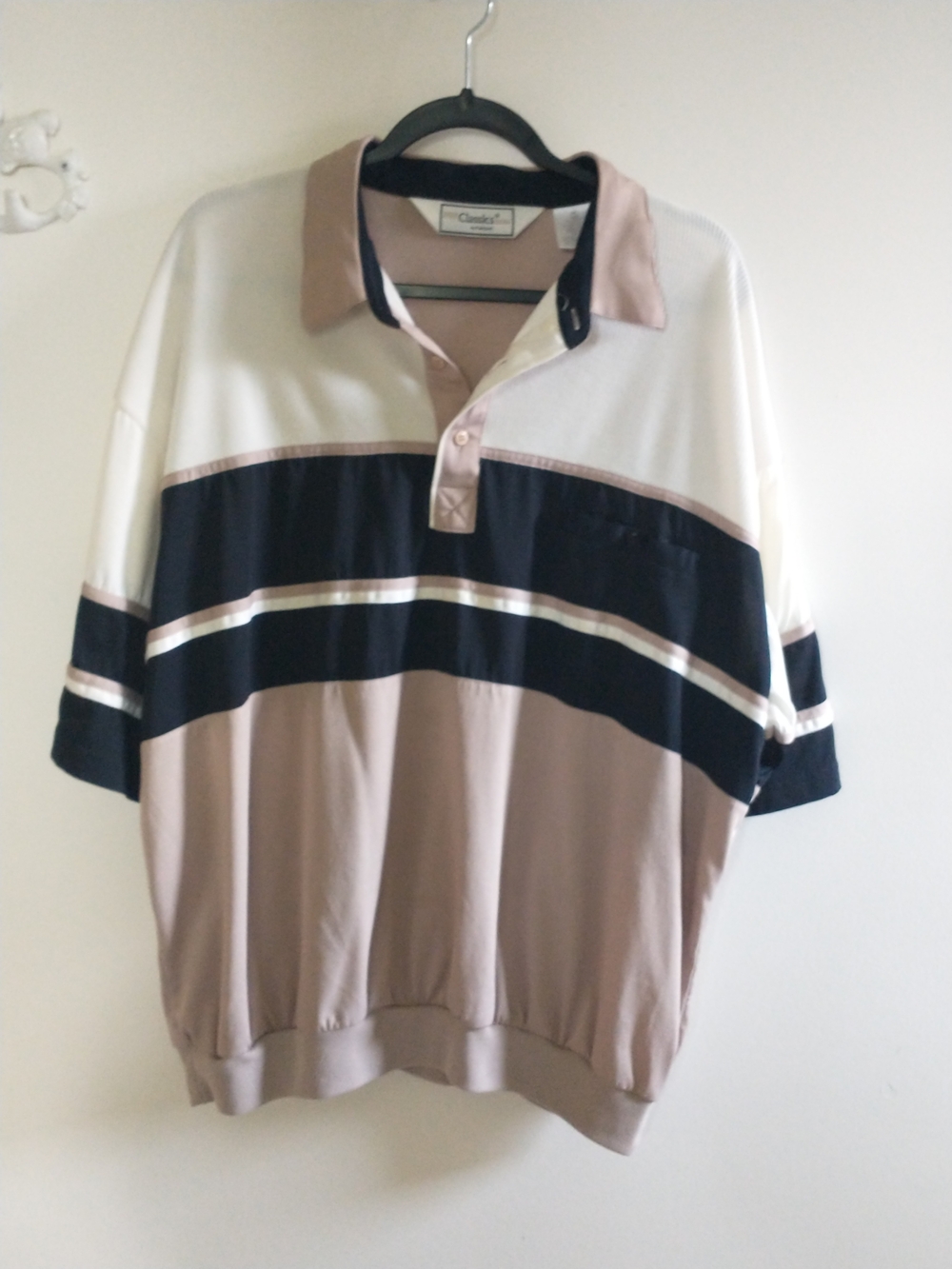 Vintage 80's Striped Polo Shirt - Beige, Black & White XXL 2X